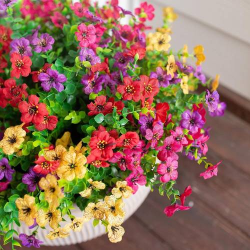 artificial plant flowers outdoor spring and summer decor 12 bunch 7 forks eucalyptus violets realistic uv protection for outdoor home planters porch deck patio decoration