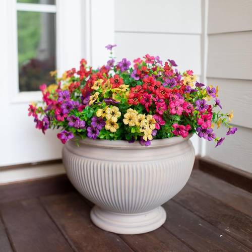 artificial plant flowers outdoor spring and summer decor 12 bunch 7 forks eucalyptus violets realistic uv protection for outdoor home planters porch deck patio decoration