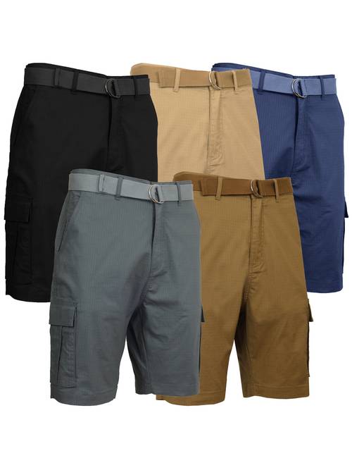 3 pack mens cotton stretch cargo shorts with belt