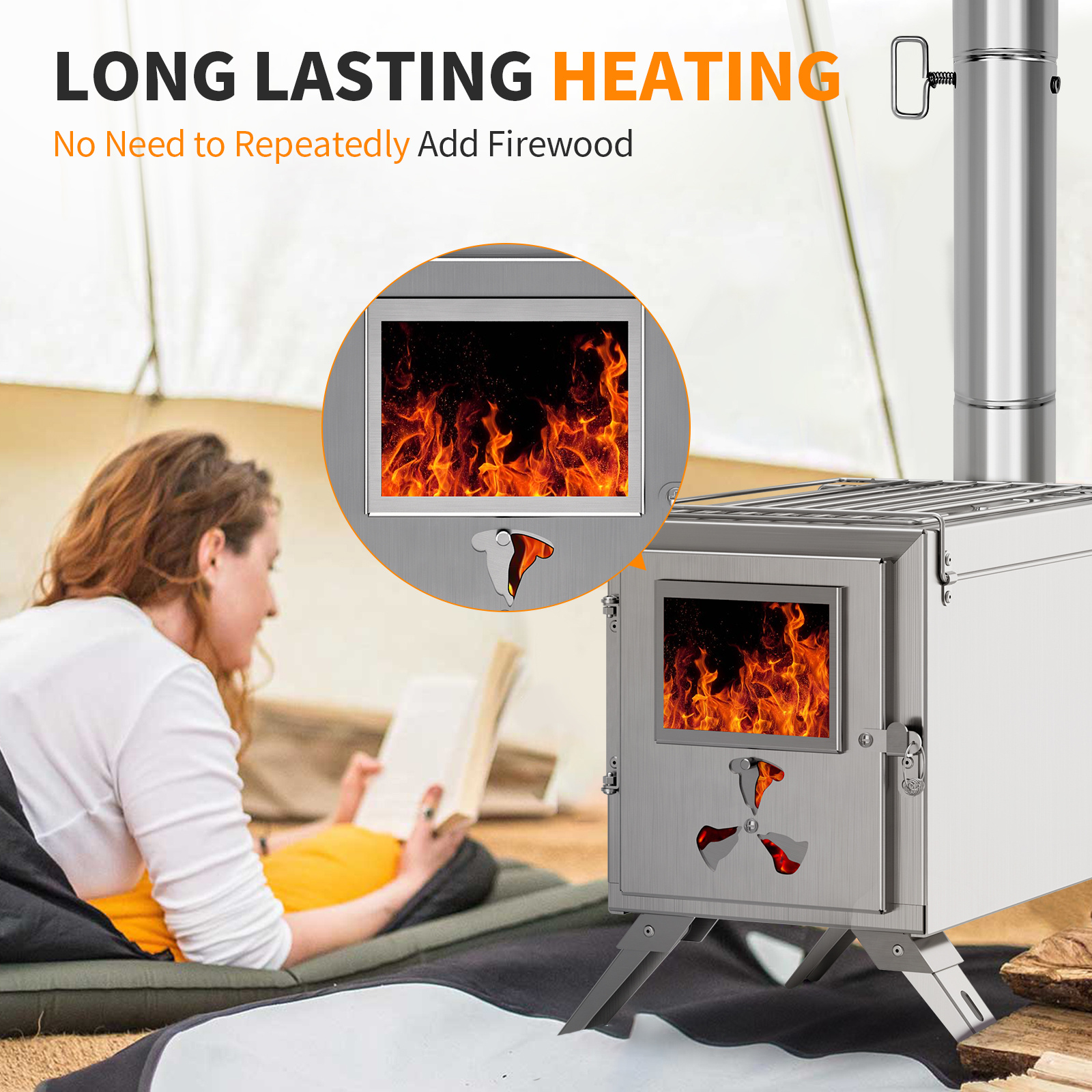Poêle à bois de tente, poêle de tente de camping portable avec tuyau de cheminée et outils de nettoyage, poêle à bois en acier inoxydable pour tentes de camping grill chauffage d'hiver