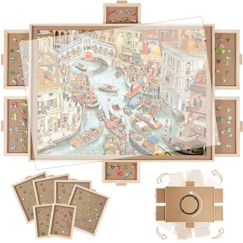 deluxe rotating puzzle table with 6 drawers cover wooden board for 1500 pieces 35 x27 portable puzzle storage organizer