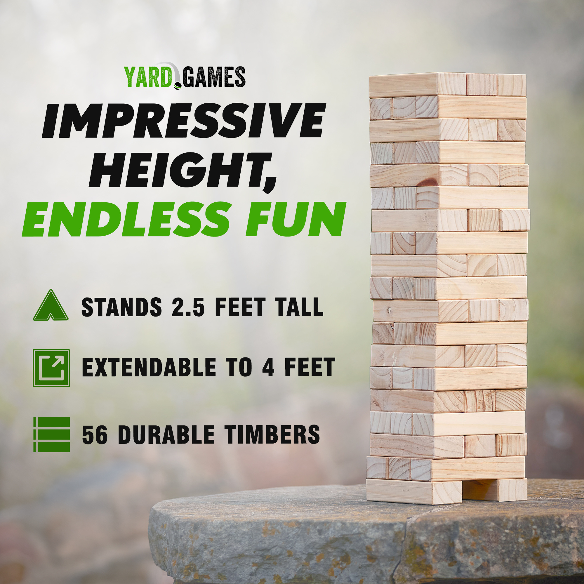 Yard Games Giant Tumbling Timbers Wood Stacking Party Tailgate Backyard Game Indoor Outdoor with Carrying Case for Kids Adults, 30 Inch, Natural
