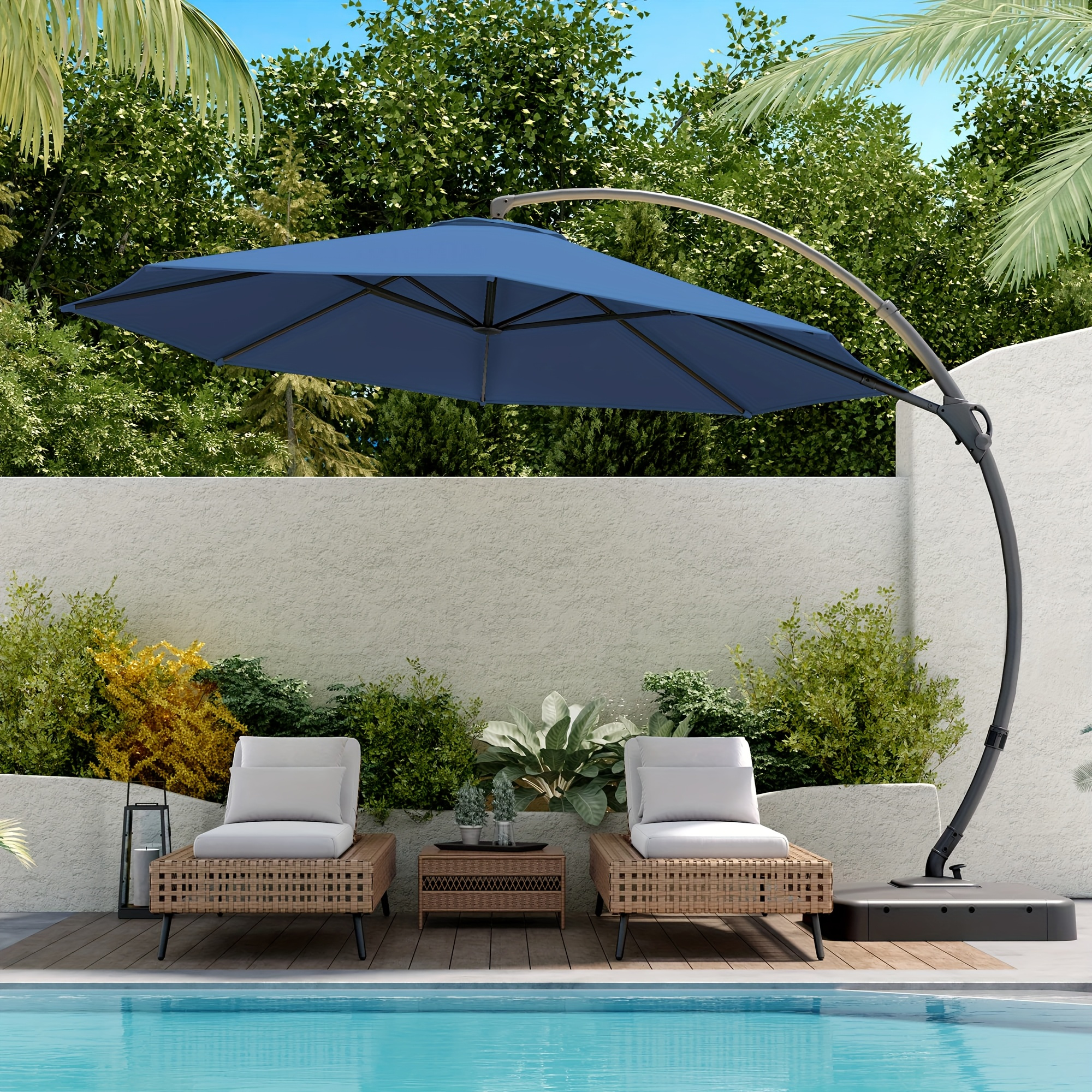 11ft Cantilever Patio Umbrella With Base – Offset Outdoor Umbrella, 360° Tilt & Rotate, Navy Blue
