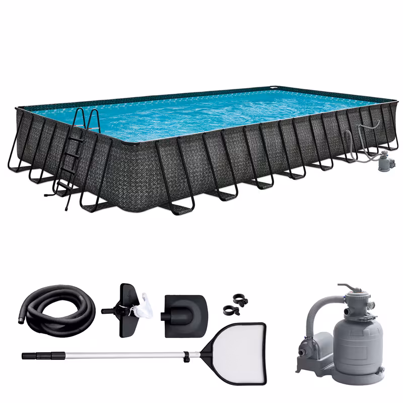 designer outdoor rectangular frame above ground swimming pool set with accessories and maintenance kit dark herringbone gray Product details 4