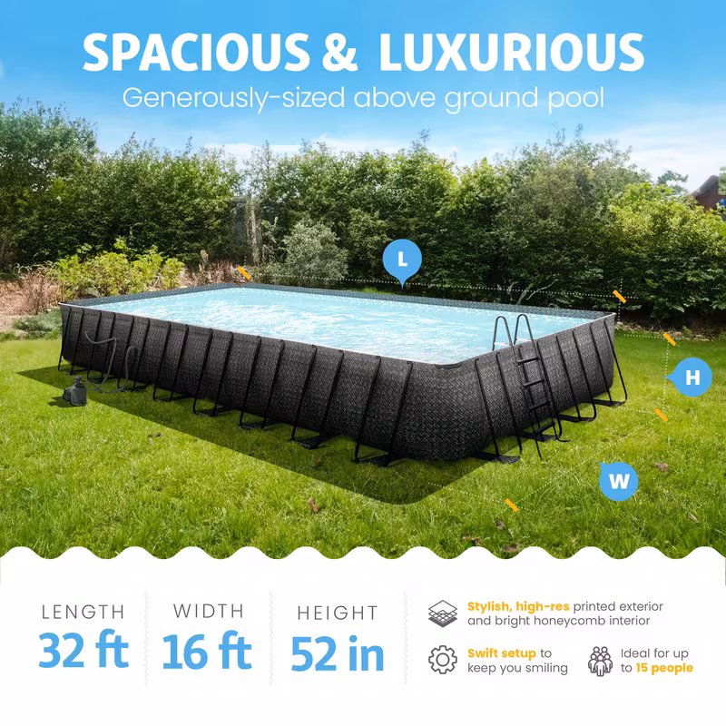 designer outdoor rectangular frame above ground swimming pool set with accessories and maintenance kit dark herringbone gray Product details 0