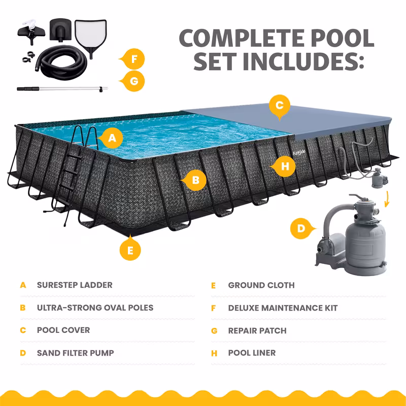 designer outdoor rectangular frame above ground swimming pool set with accessories and maintenance kit dark herringbone gray Product details 1