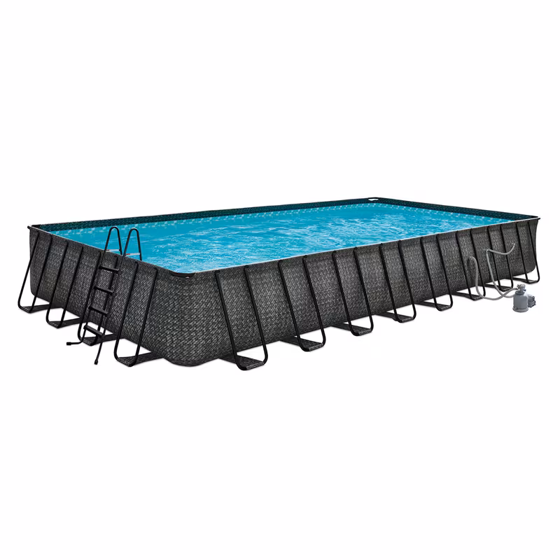 designer outdoor rectangular frame above ground swimming pool set with accessories and maintenance kit dark herringbone gray Product details 5