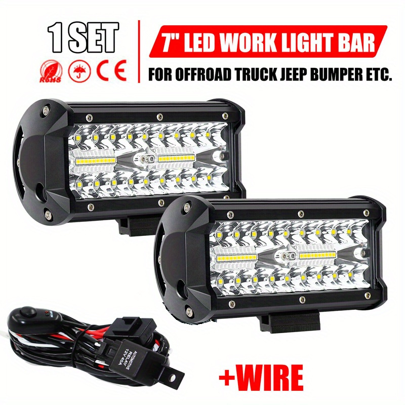 TEMU 2pcs 7 Inch 150w Light Bar, Off Road Driving Work Light For Truck Car Atv Suv Cabin Boat, With 16awg Wiring Harness Kit- 2 Leads