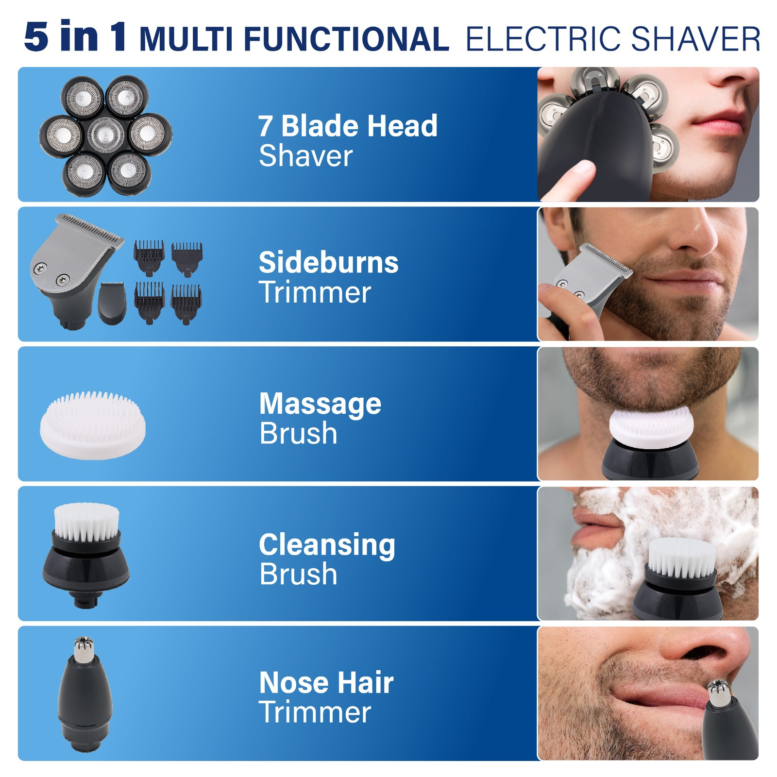 5 in 1 bald mens shaver kit electric head shaver clippers sideburns trimmer nose hair trimmer massager brush cleaning brush usb rechargeable with 600mah lithium battery Product details 2