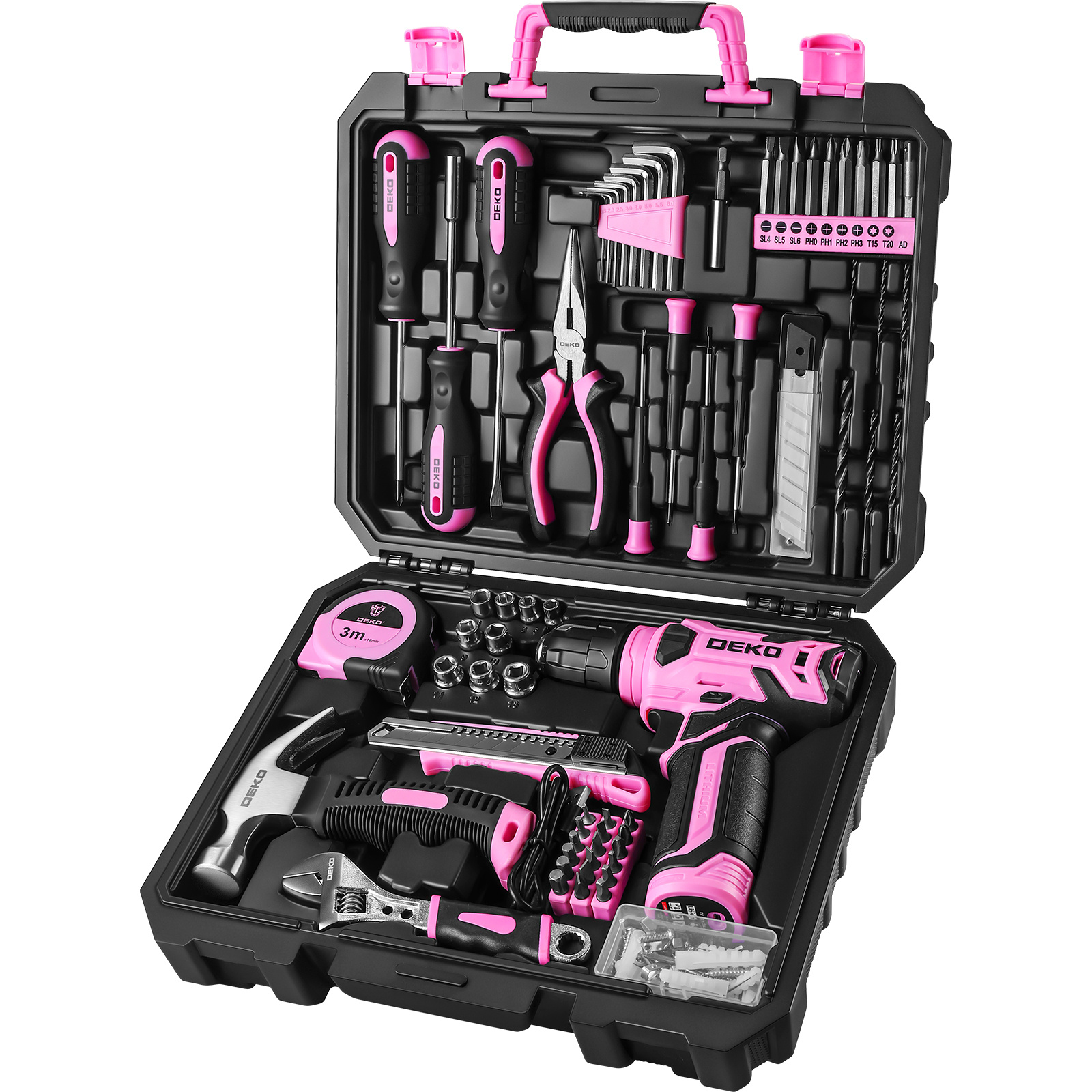 deko 126pcs   tools set with 8v cordless drill driver tape measure hammer level and precision tools portable toolbox for garden   outdoor repairs woodworking tools and diy mothers day gifts   gift