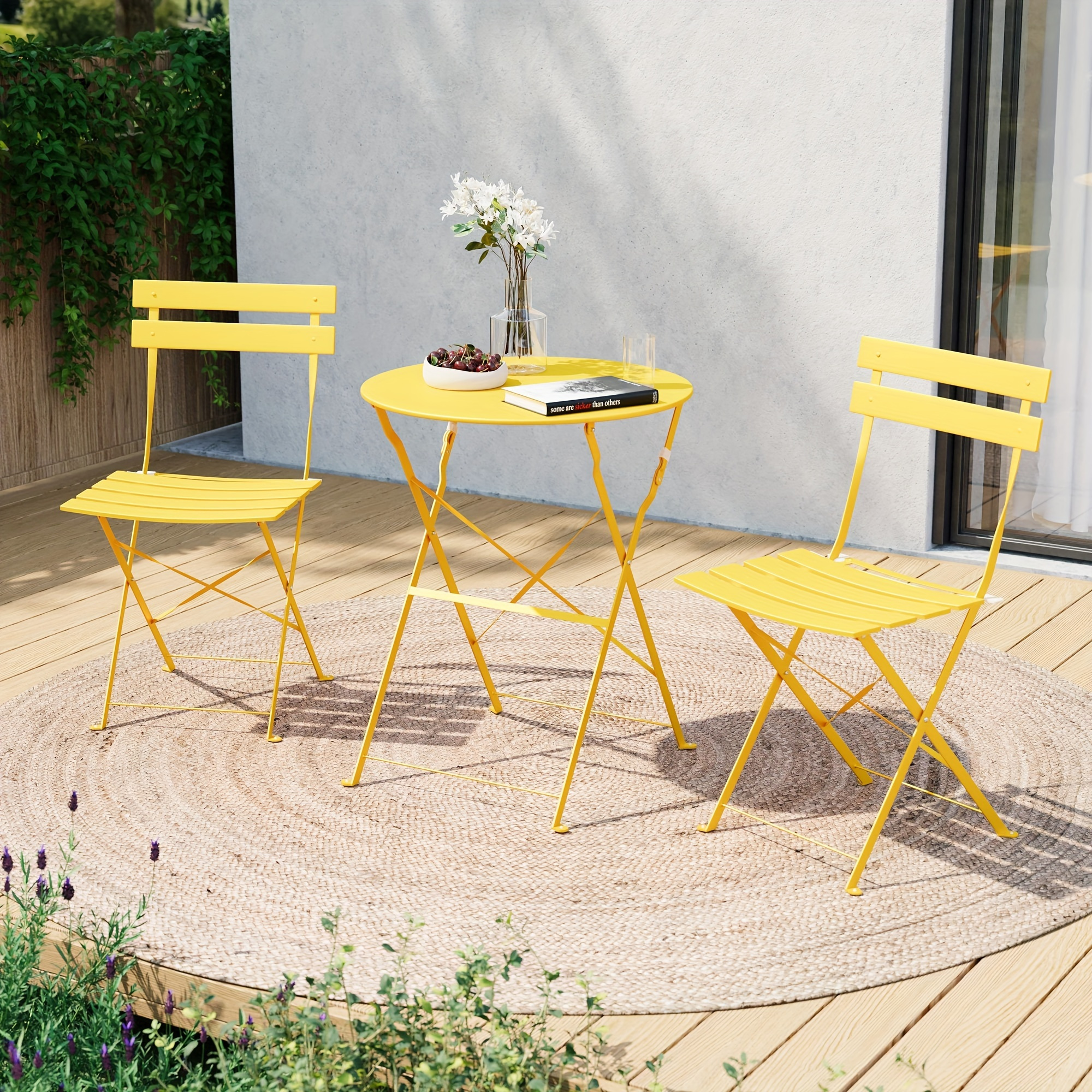 Foldable Chairs Yellow Bistro Set Outdoor 3-piece Steel Folding