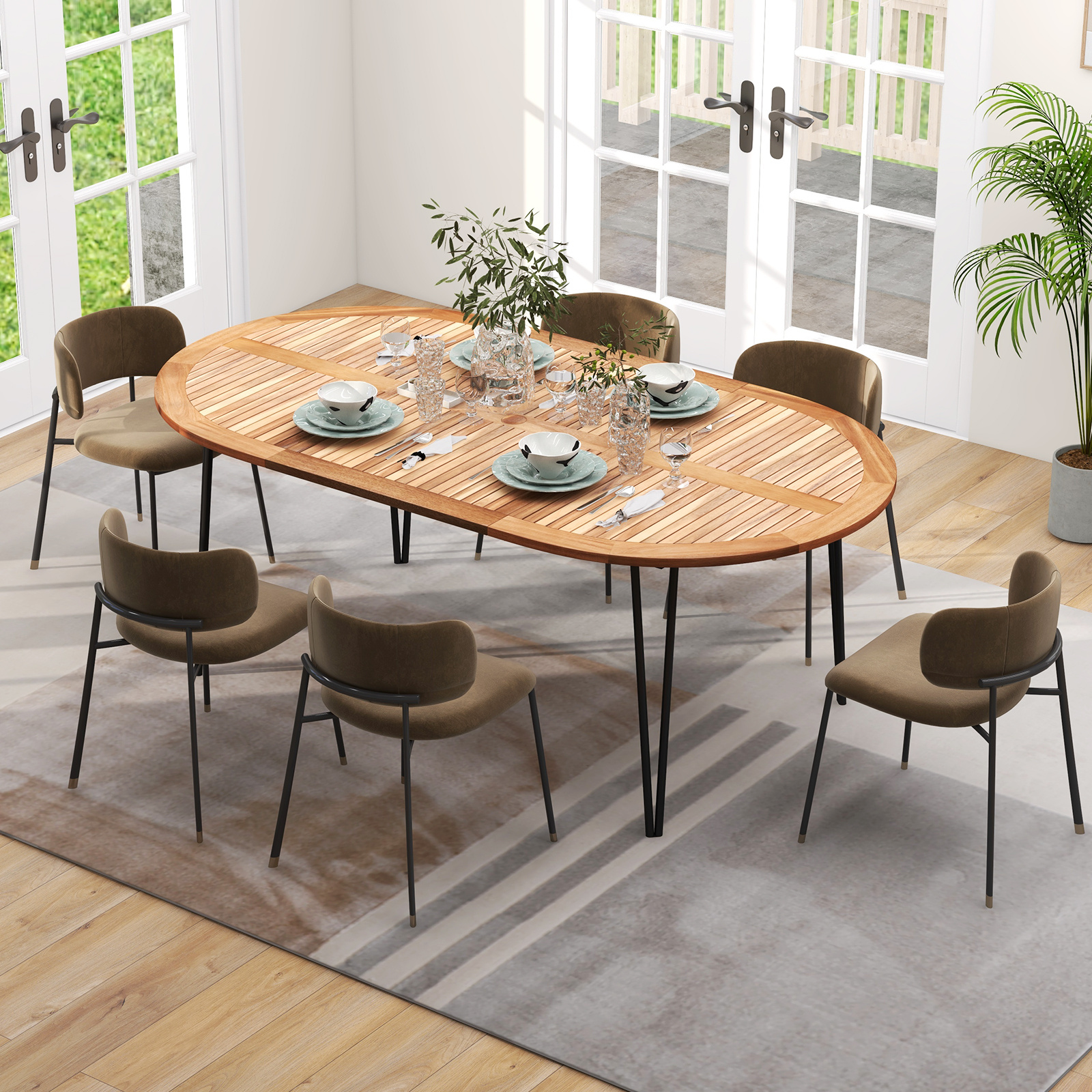 COSTWAY 79-Inch Patio Dining Table, Indoor & Outdoor Dining Table w/ Umbrella Hole, Acacia Wood Tabletop & Sturdy Metal Legs, Wood Oval Table for 8 People for Patio Yard Garden Deck, Natural & Black