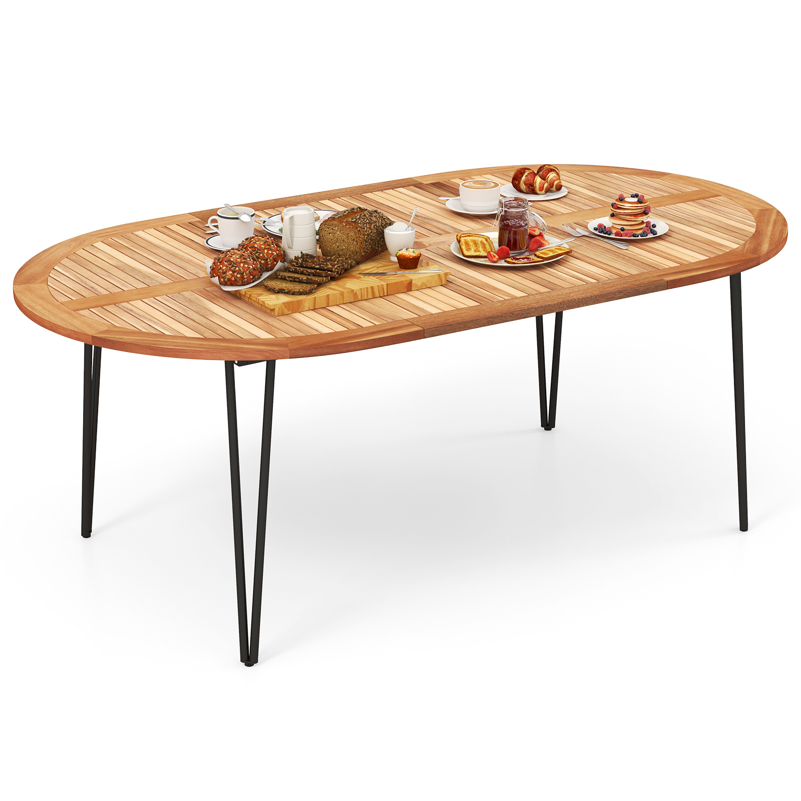 COSTWAY 79-Inch Patio Dining Table, Indoor & Outdoor Dining Table w/ Umbrella Hole, Acacia Wood Tabletop & Sturdy Metal Legs, Wood Oval Table for 8 People for Patio Yard Garden Deck, Natural & Black