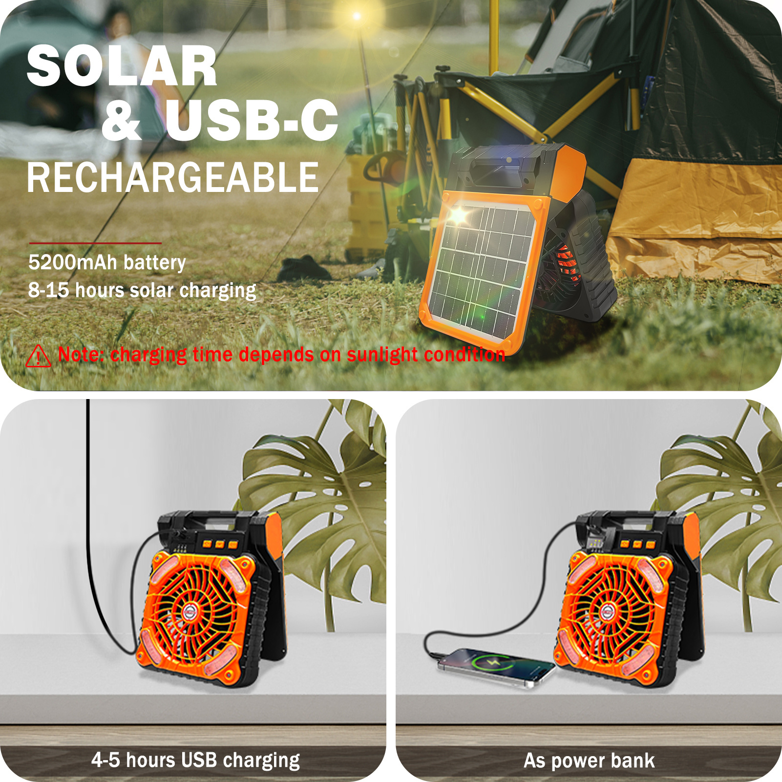 2 in 1 solar fan with lantern 5200mah 4 adjustable solar usb rechargeable desktop cooling fan foldable design portable solar fan for office bedroom rv ventilation and emergency use Product details 2
