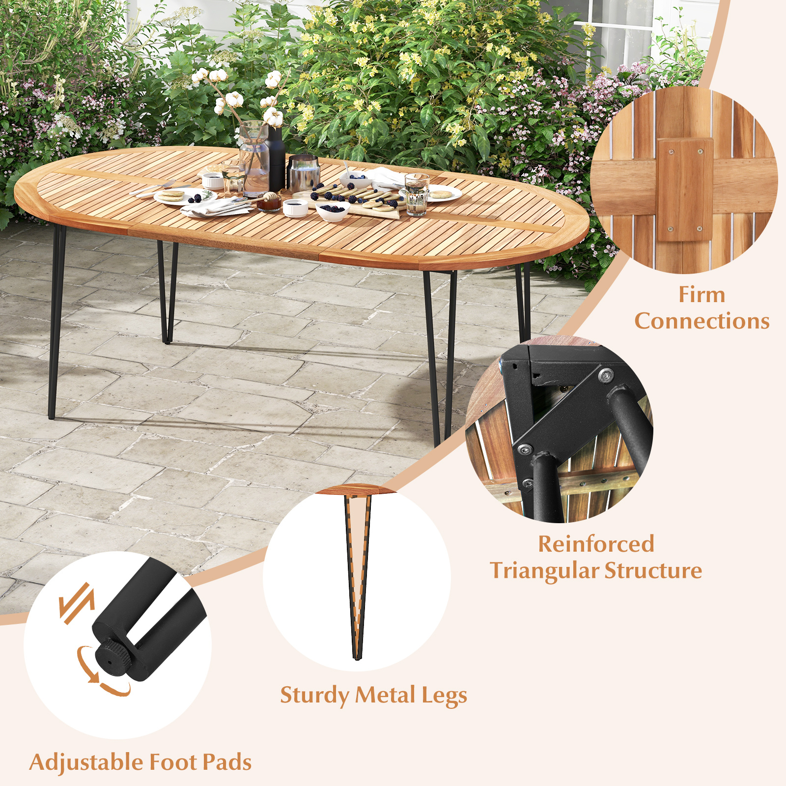 COSTWAY 79-Inch Patio Dining Table, Indoor & Outdoor Dining Table w/ Umbrella Hole, Acacia Wood Tabletop & Sturdy Metal Legs, Wood Oval Table for 8 People for Patio Yard Garden Deck, Natural & Black