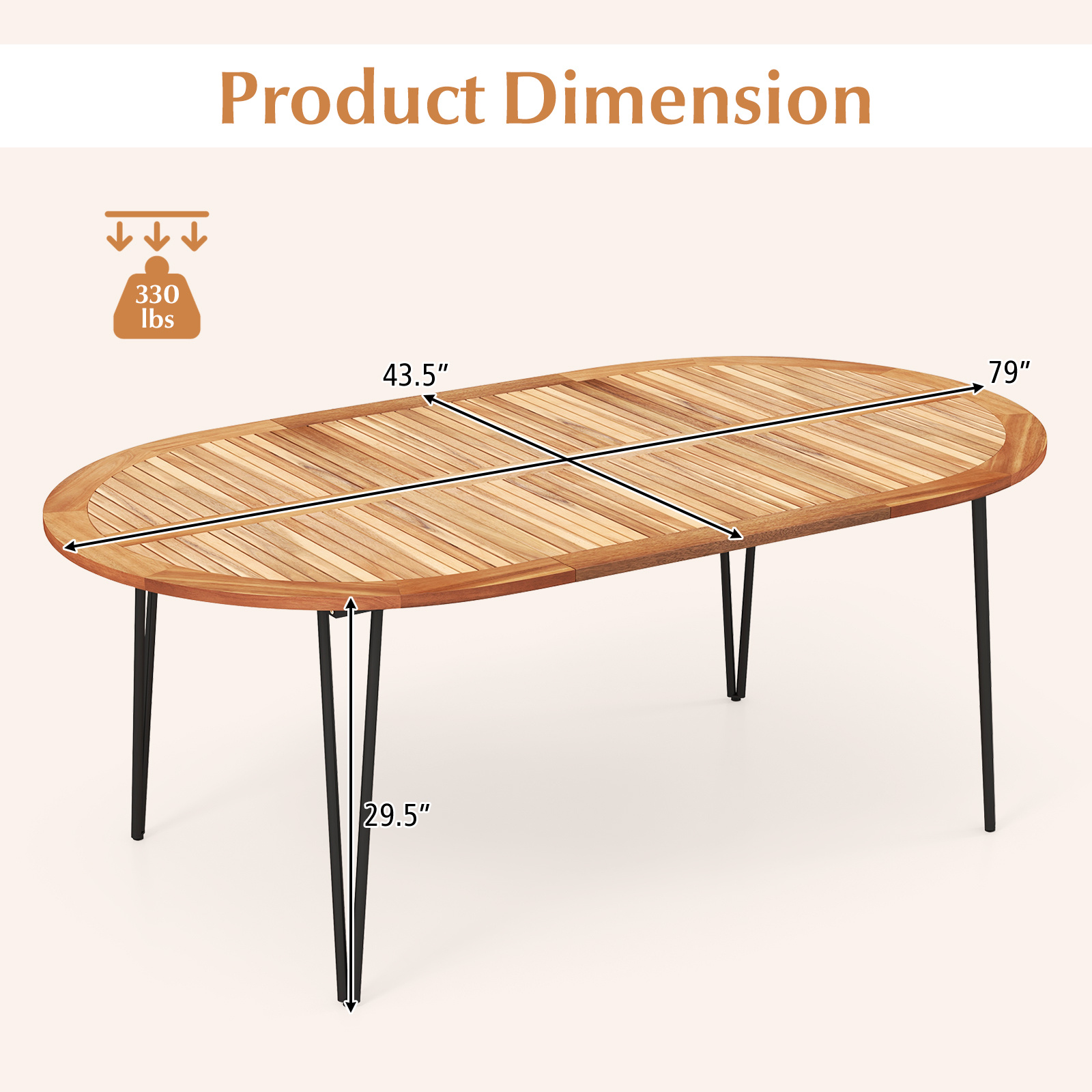 COSTWAY 79-Inch Patio Dining Table, Indoor & Outdoor Dining Table w/ Umbrella Hole, Acacia Wood Tabletop & Sturdy Metal Legs, Wood Oval Table for 8 People for Patio Yard Garden Deck, Natural & Black