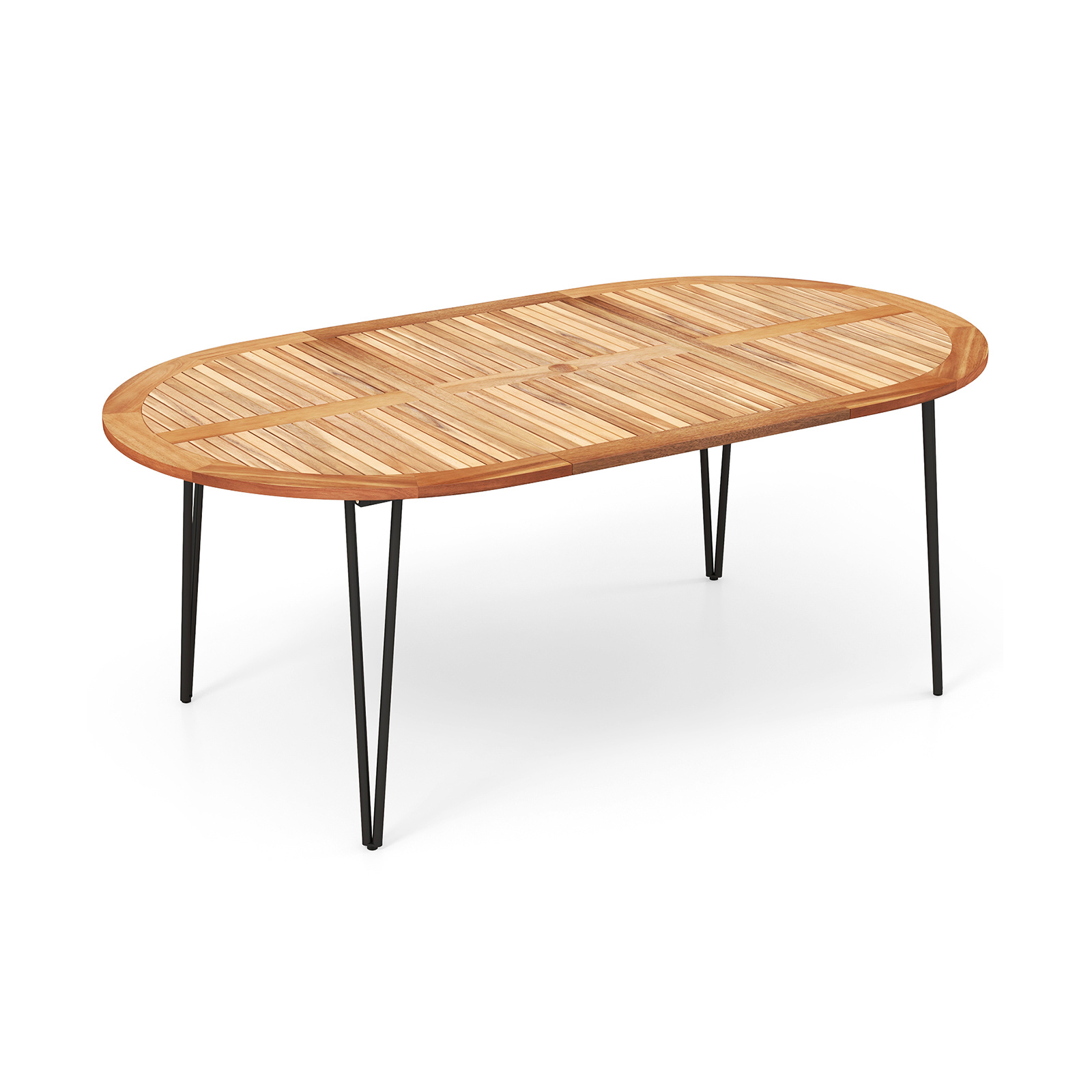COSTWAY 79-Inch Patio Dining Table, Indoor & Outdoor Dining Table w/ Umbrella Hole, Acacia Wood Tabletop & Sturdy Metal Legs, Wood Oval Table for 8 People for Patio Yard Garden Deck, Natural & Black