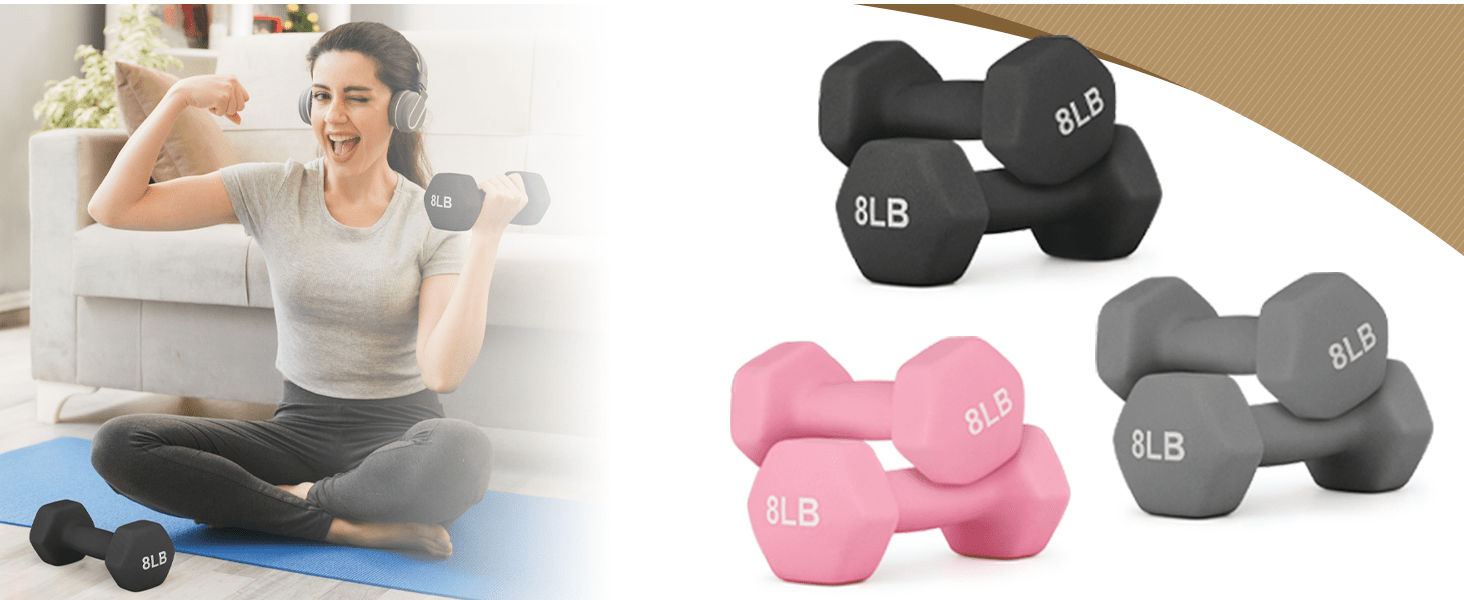 2 Pack 8LB Dumbbell Set Non Slip Neoprene Coated Cast Iron Weights for Home Gym, Strength Training, Fitness - Textured Grip for Men & Women, Light Free Weights for Beginners, Arm Toning