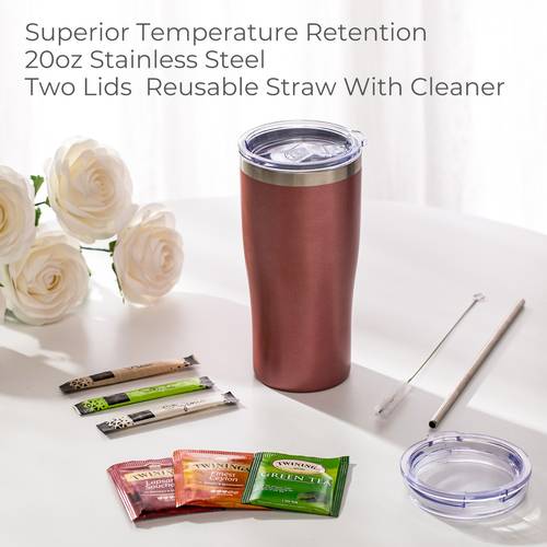 white or rose 20oz stainless steel tumblers with 2 lids and straw