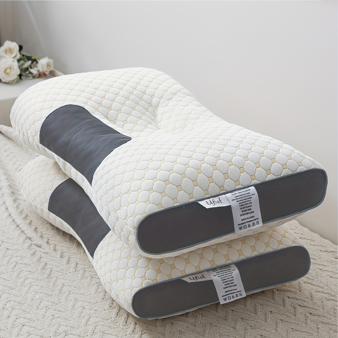 TEMU 2pcs Cervical Orthopedic Pillow - Ergonomic Neck Support For Deep Sleep - Side & Back Sleeper Friendly - Enjoy Soothing Home Massages - Durable, Machine-washable Pillow Core,