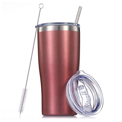 white or rose 20oz stainless steel tumblers with 2 lids and straw