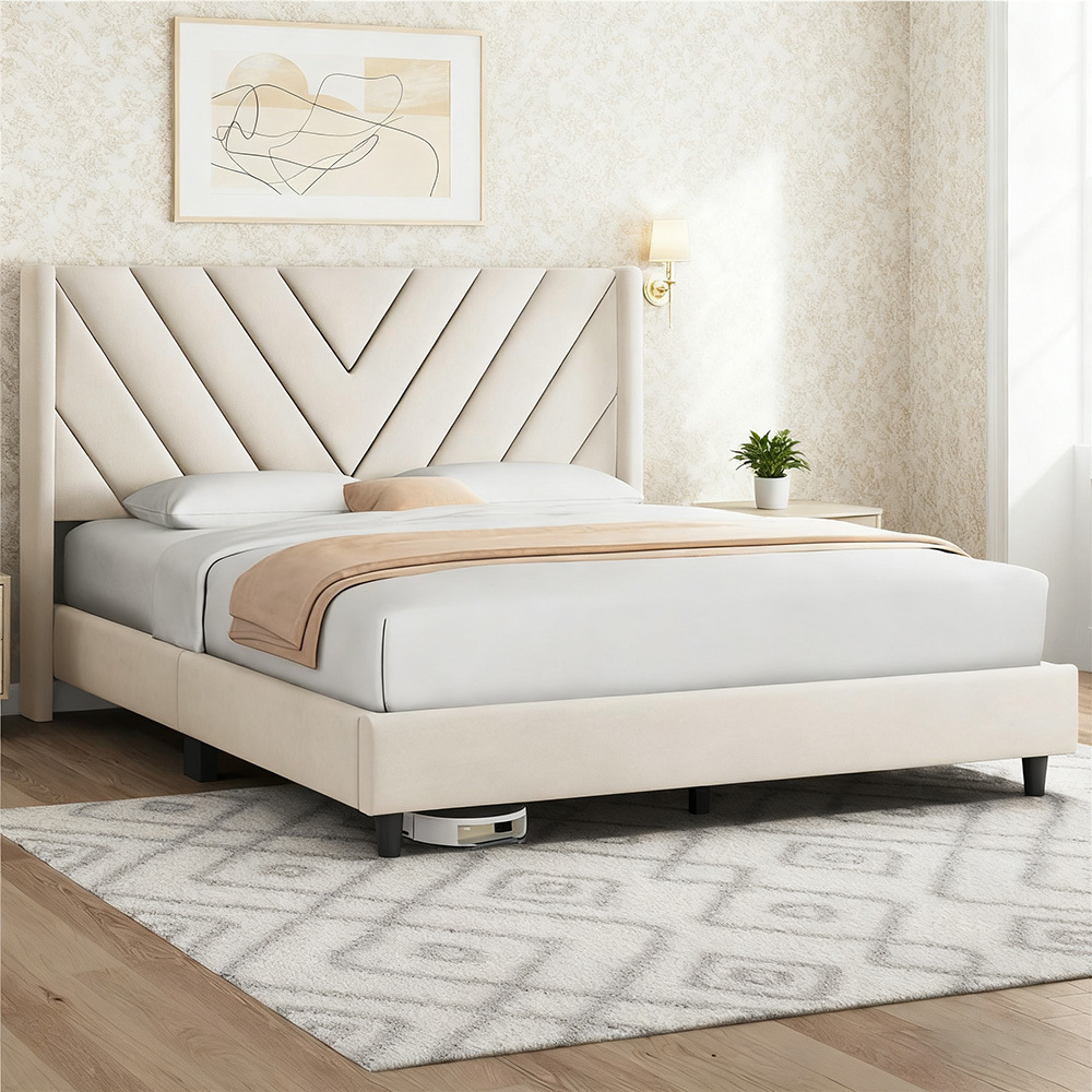TEMU Bed Frame Velvet Upholstered Platform Bed With & Headboard, Wooden Slat Support For Sturdy Mattress Support, Easy Assembly, Twin/full/queen Size