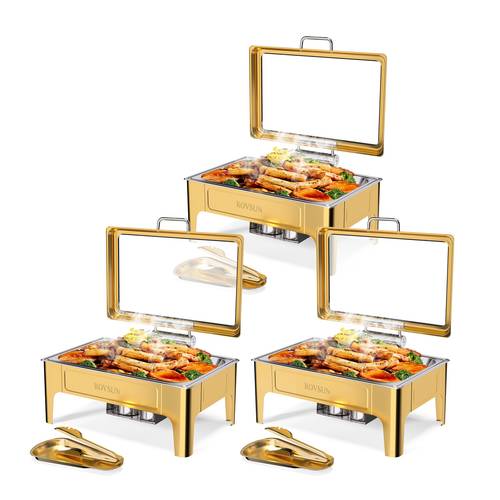 9qt square 304 stainless steel hot pot hydraulic glass cover and food pot golden buffet heater suitable for catering parties events and home use cooking 1 pack