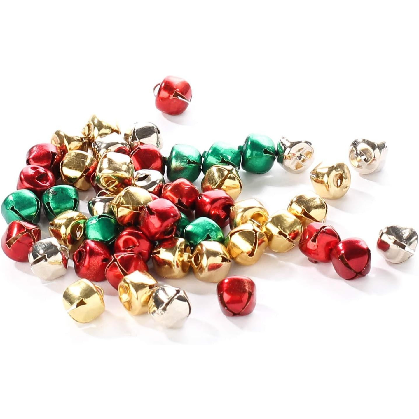 TEMU Package Of 200 Pcs Miniature Assorted Colored Bells Size: 1 Cm In Metallic Red, Gold, Silver And Green