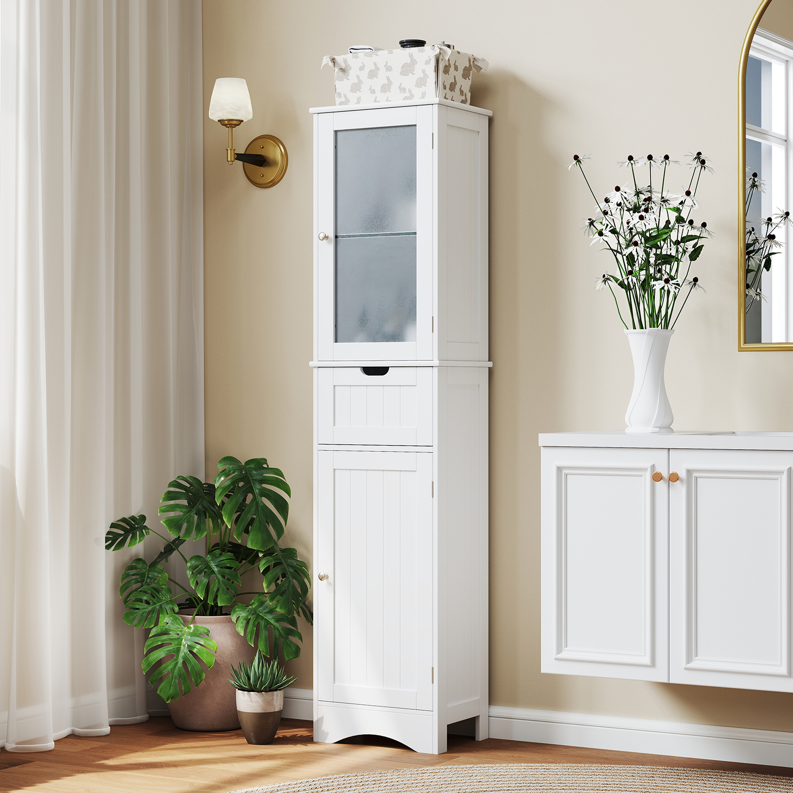 TEMU Costway Tall Bathroom Cabinet, Bathroom Floor Cabinet With Adjustable Shelves, Glass Door Cabinet, Deep Drawer, Slim Freestanding Side Storage