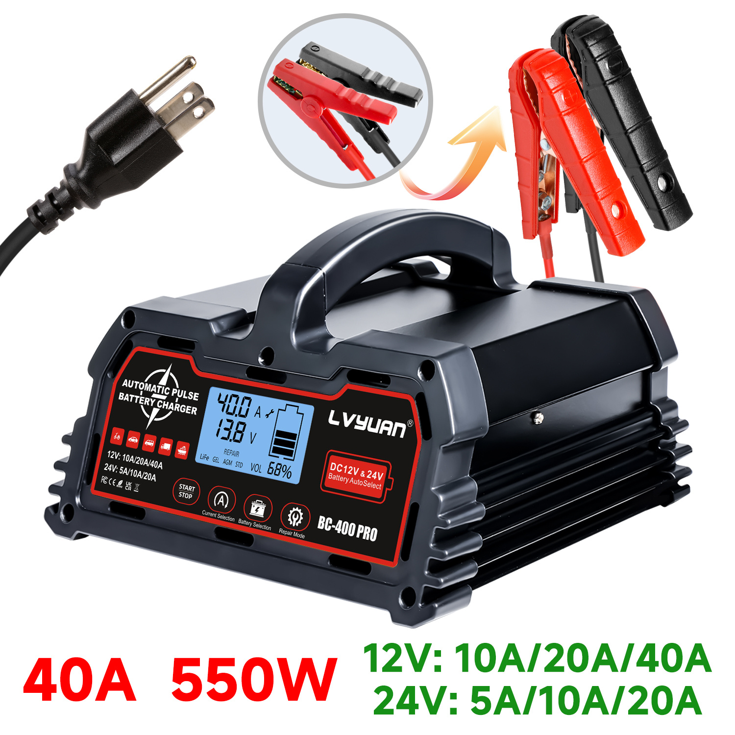 TEMU Lifepo4 Battery Charger, 40 Amp Car Battery Charger, Fully Automatic Car Battery Charger For Lead-acid Batteries (12v/24v) And Lithium Iron
