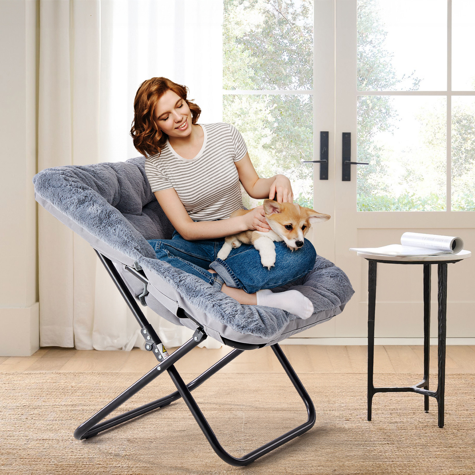 Comfy Chair for Adults, Soft Faux Fur Folding Lounge for Bedroom Living Room Dorm Rooms Flexible Reading Chair for Teens, Large Size Foldable