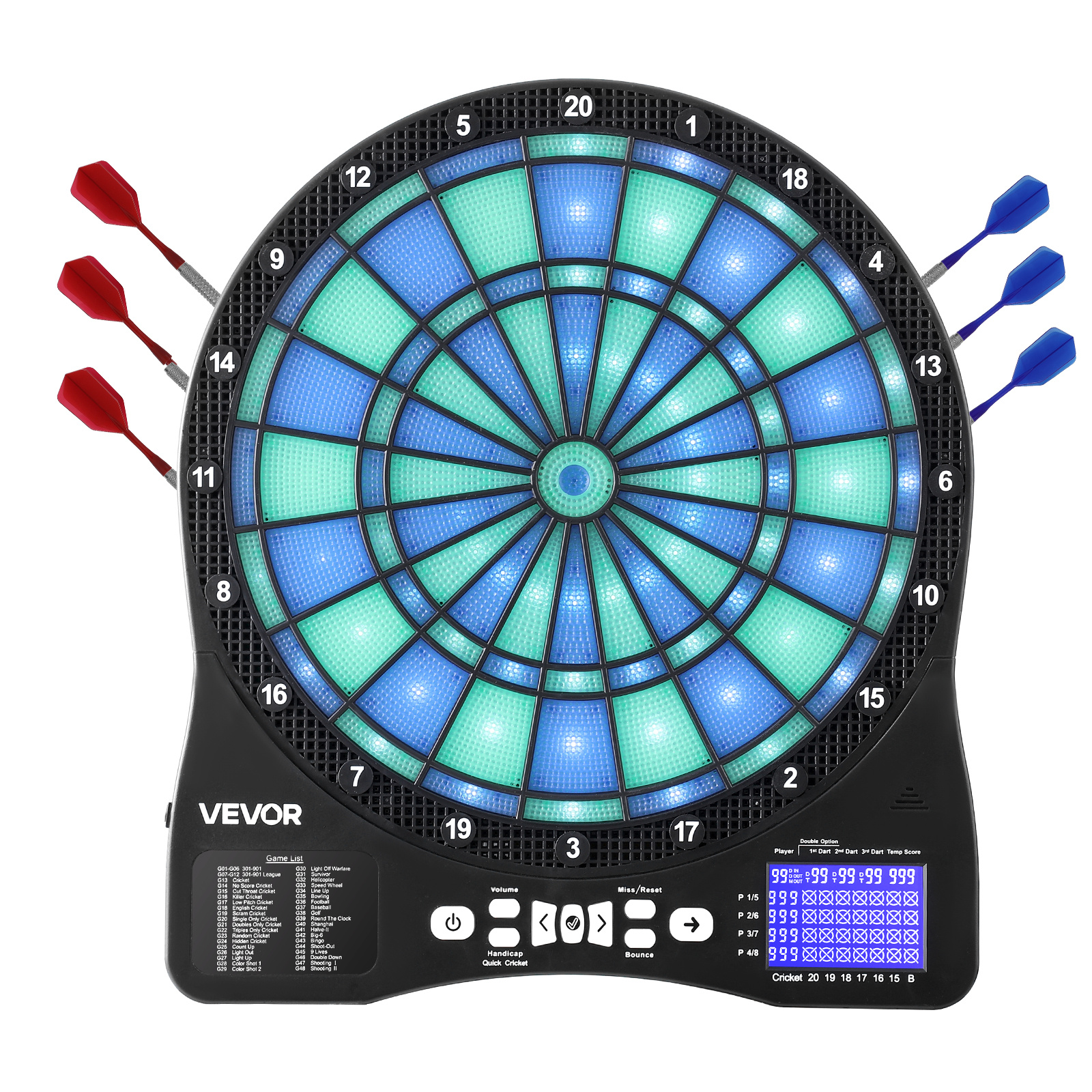 Vevor Electronic Dart Board, Led-illuminated Dartboard With 48 Games & 500+ , Includes 6 Dart Shafts With Flights & 50 Soft Tips, Cricket Scoring Lcd Screen - Supports Up To 8 Players