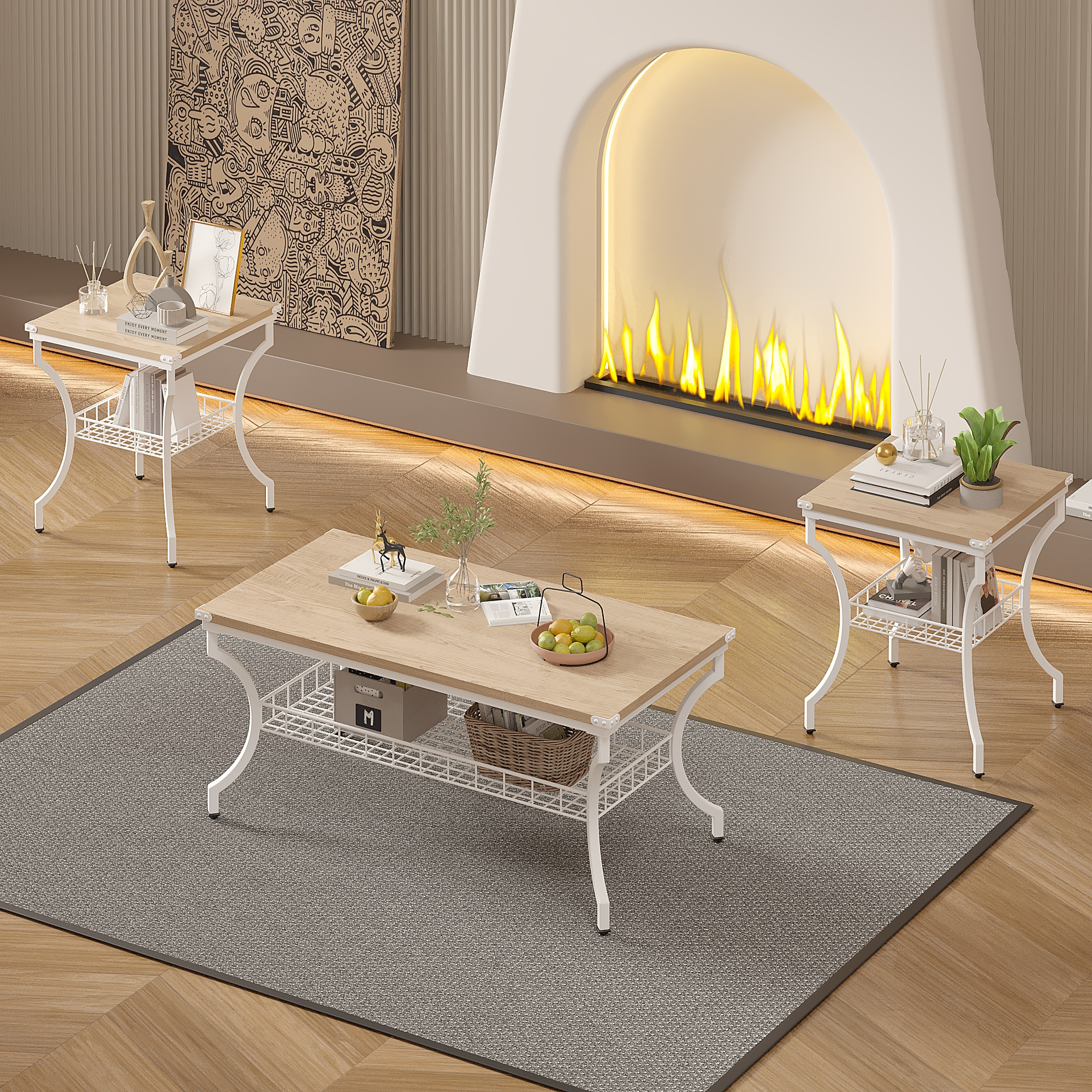 3-Piece Coffee Table Set, Living Room Sets Coffee and End Tables with  Open Storage Shelves, Coffee Table End Table