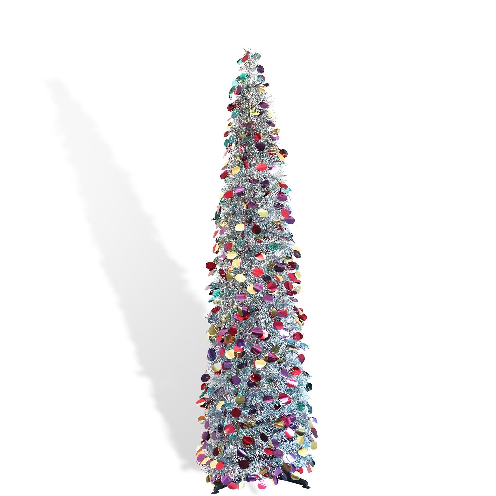 TEMU 5ft Pop Up Tinsel Christmas Tree With Lights, Collapsible Artificial Pencil Tree With Shinny Sequins Reusable For Fireplace Home Office Indoor Holiday Party Decoration, Colorful Silver