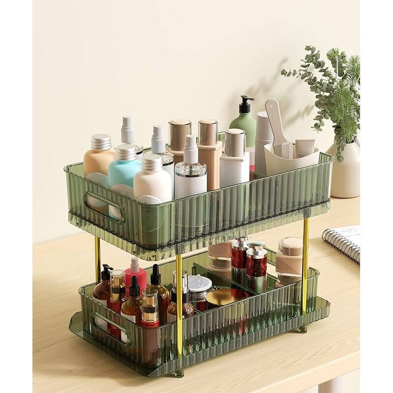 2-tier Makeup And Skincare Organizers For Vanity, Large Perfume Organizer, Pull-out Bathroom Organizers And Storage With 4 Removable Dividers For Bath, Bedroom, Cabinet, Gem Green
