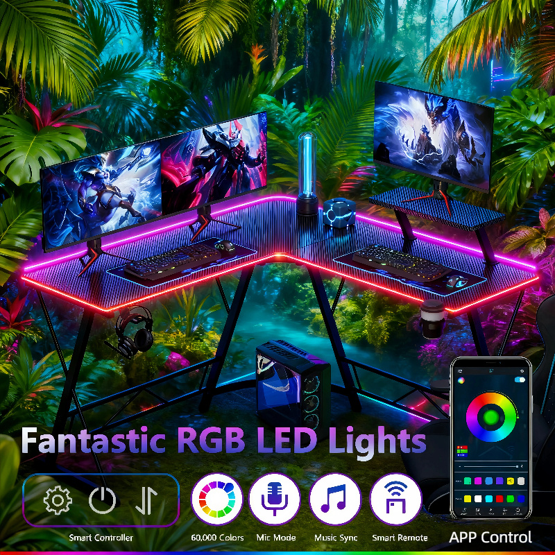 L-shaped Gaming Desk With Rgb Light Strip - Music Sync & App Control, Carbon Fiber Surface, Includes Cup Holder & Headphone Hook, Large Corner Computer Desk For , Home Office