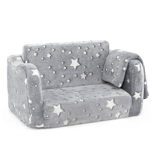 kids couch folding toddler chair with blanket 2 in 1 fold out baby sofa convertible to lounger glow in the dark comfy recliner armchair for 3 kids gift for boys girls