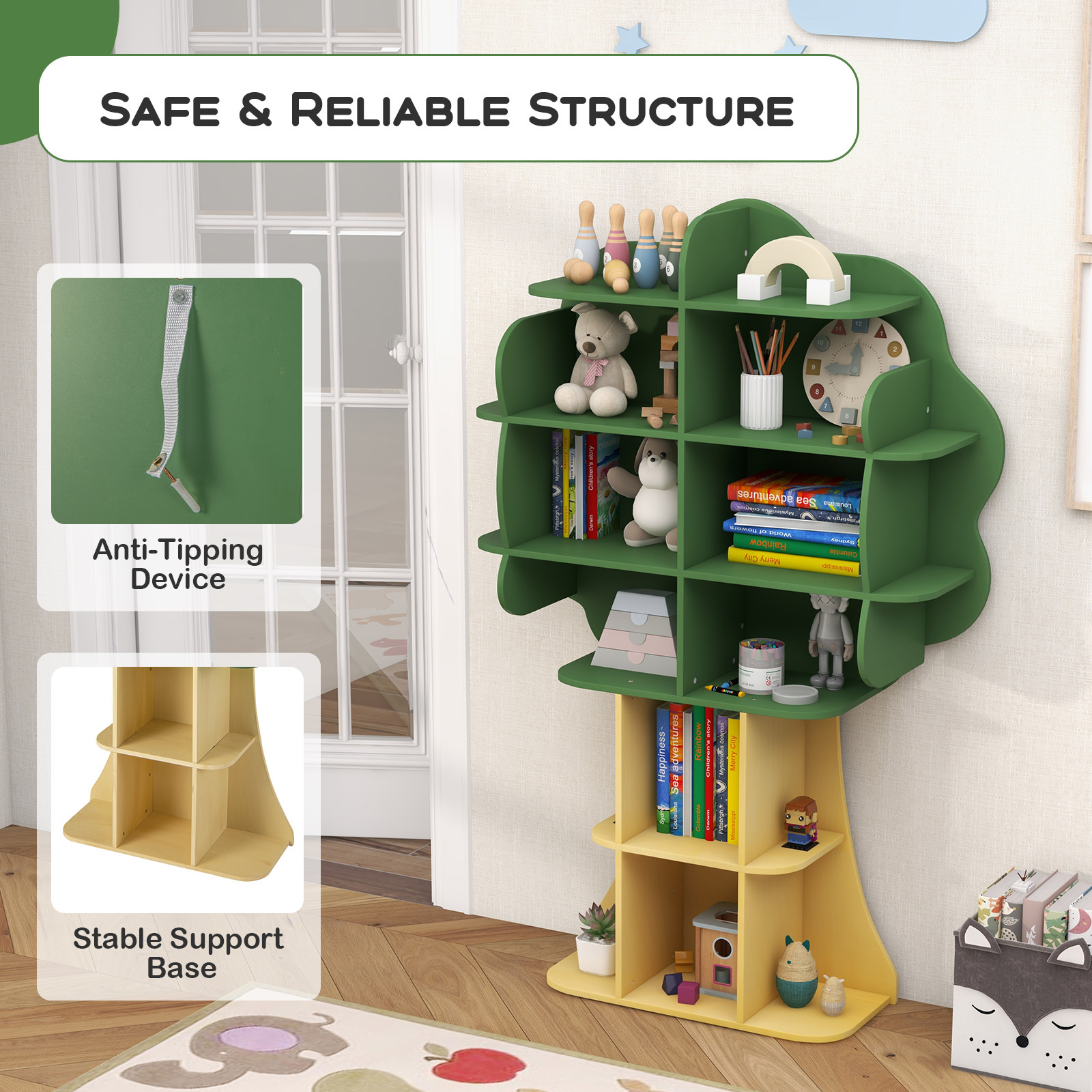 COSTWAY Tree Bookcase for Kids, 6-Tier Toy Storage Organizer with Open Storage Shelves, Anti-Toppling System, Lovely Toddler Wooden Bookshelf for Kid's Room, Play Room, Nursery, Kindergarten