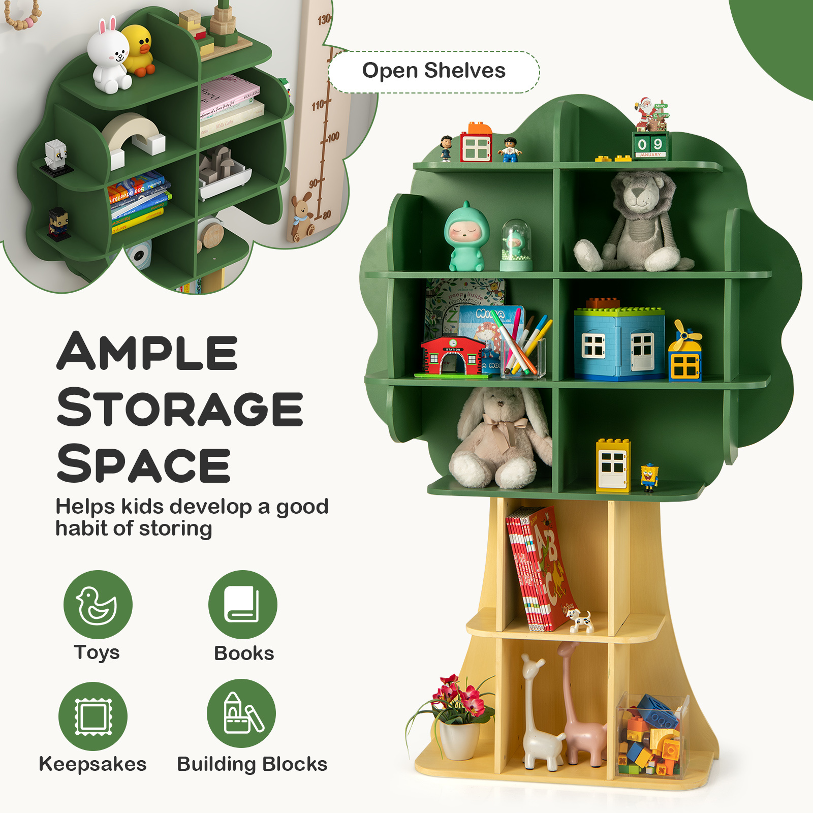 COSTWAY Tree Bookcase for Kids, 6-Tier Toy Storage Organizer with Open Storage Shelves, Anti-Toppling System, Lovely Toddler Wooden Bookshelf for Kid's Room, Play Room, Nursery, Kindergarten