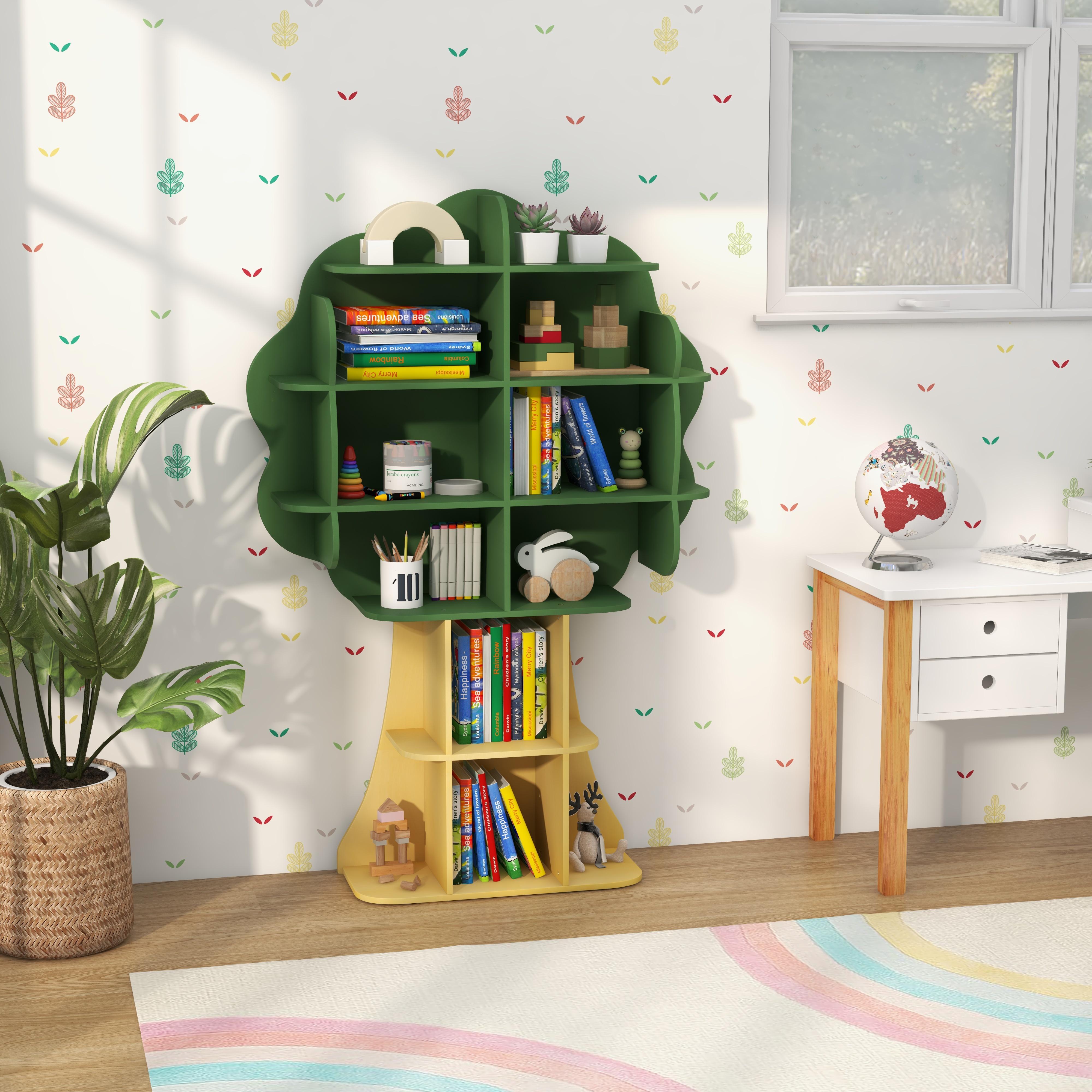 COSTWAY Tree Bookcase for Kids, 6-Tier Toy Storage Organizer with Open Storage Shelves, Anti-Toppling System, Lovely Toddler Wooden Bookshelf for Kid's Room, Play Room, Nursery, Kindergarten