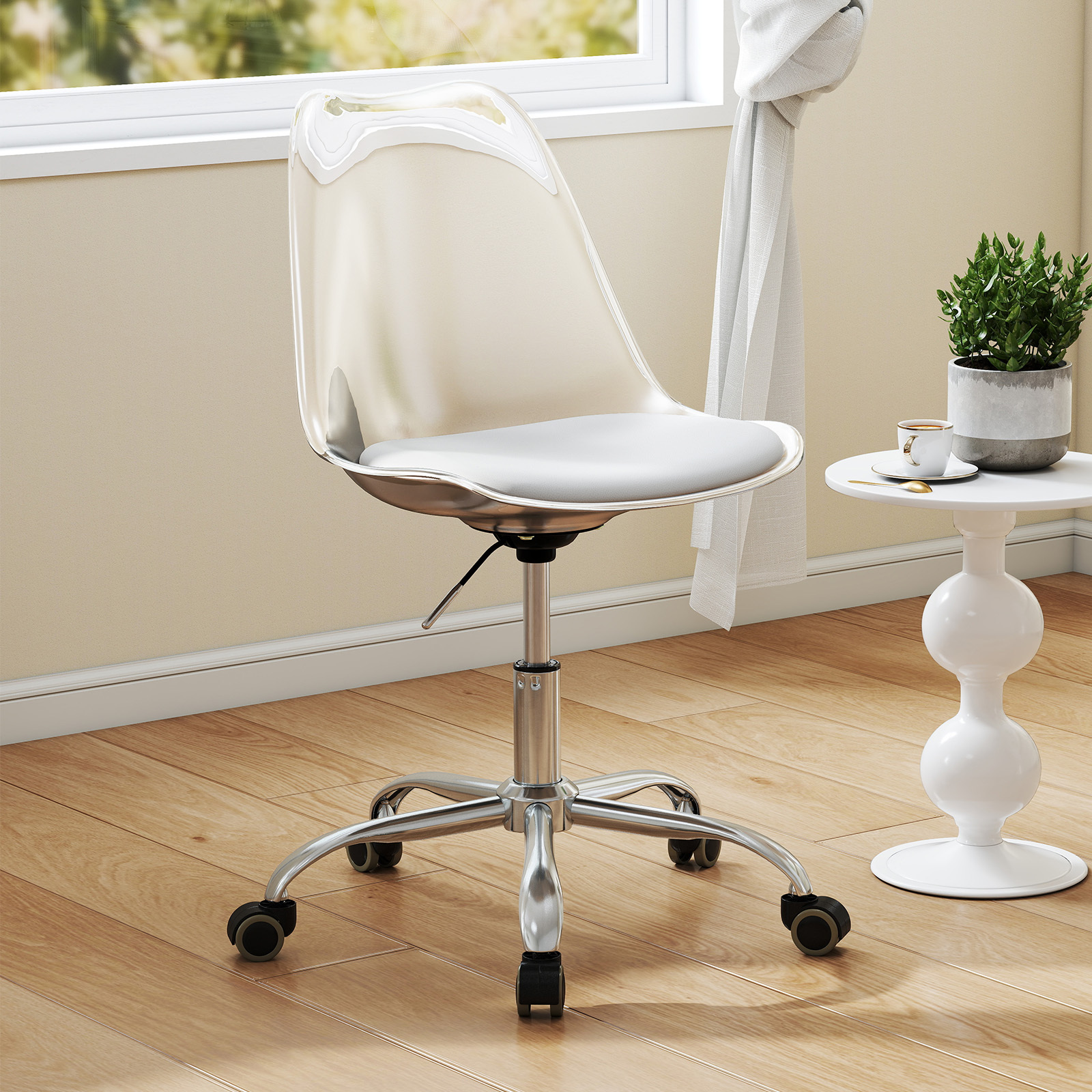   clear desk chair armless rolling office chair with swivel seat pu leather cushion height adjustable modern cute vanity chair with sturdy metal base for home office
