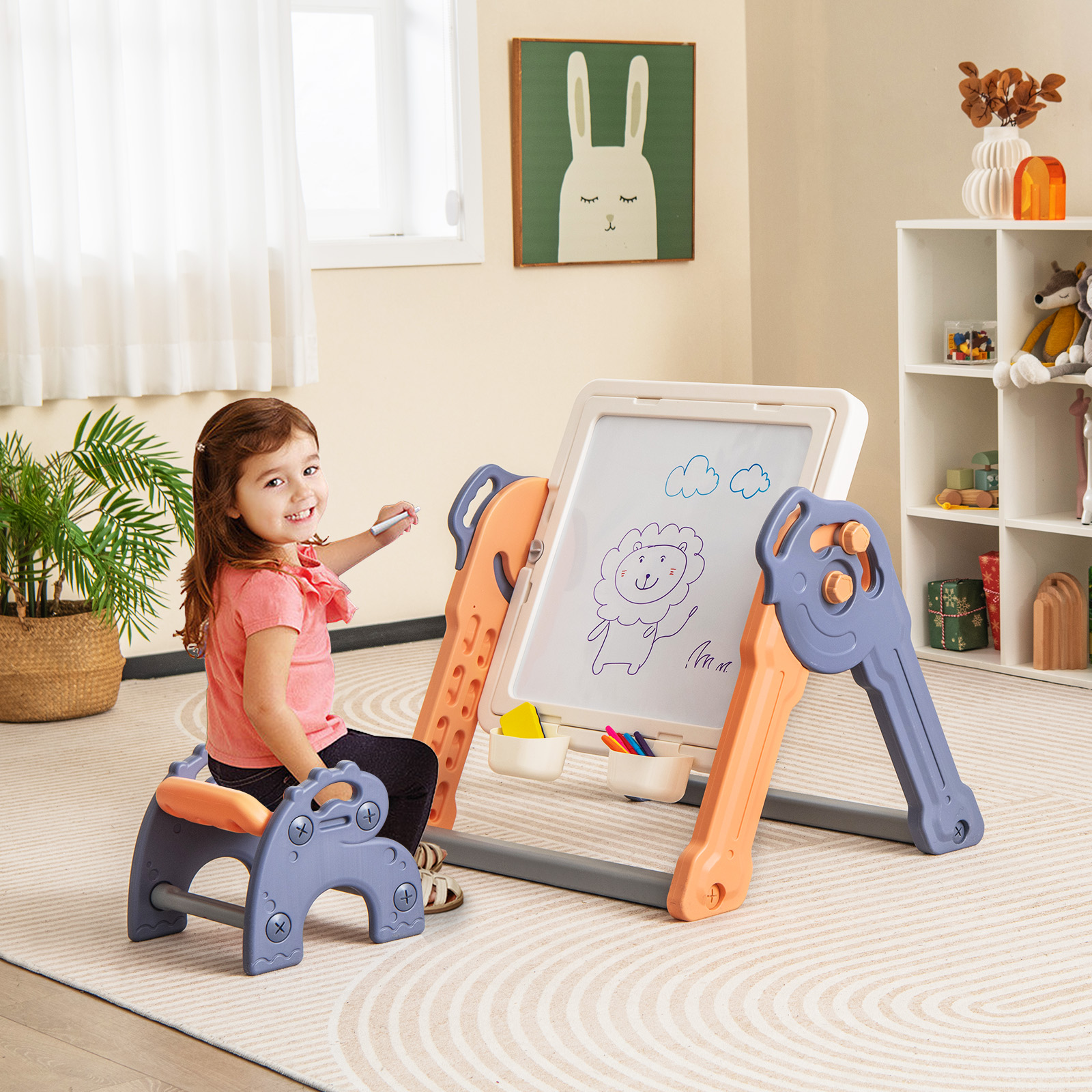 COSTWAY 6-In-1 Art Easel, Folding Kids Easel w/ Reversible Building Block Tabletop, Hidden Storage Space & 4 Removable Storage Baskets, Table for Sand & Water Playing, Multi-Activity Table & Chair Set for Toddlers Aged 3 Years Old