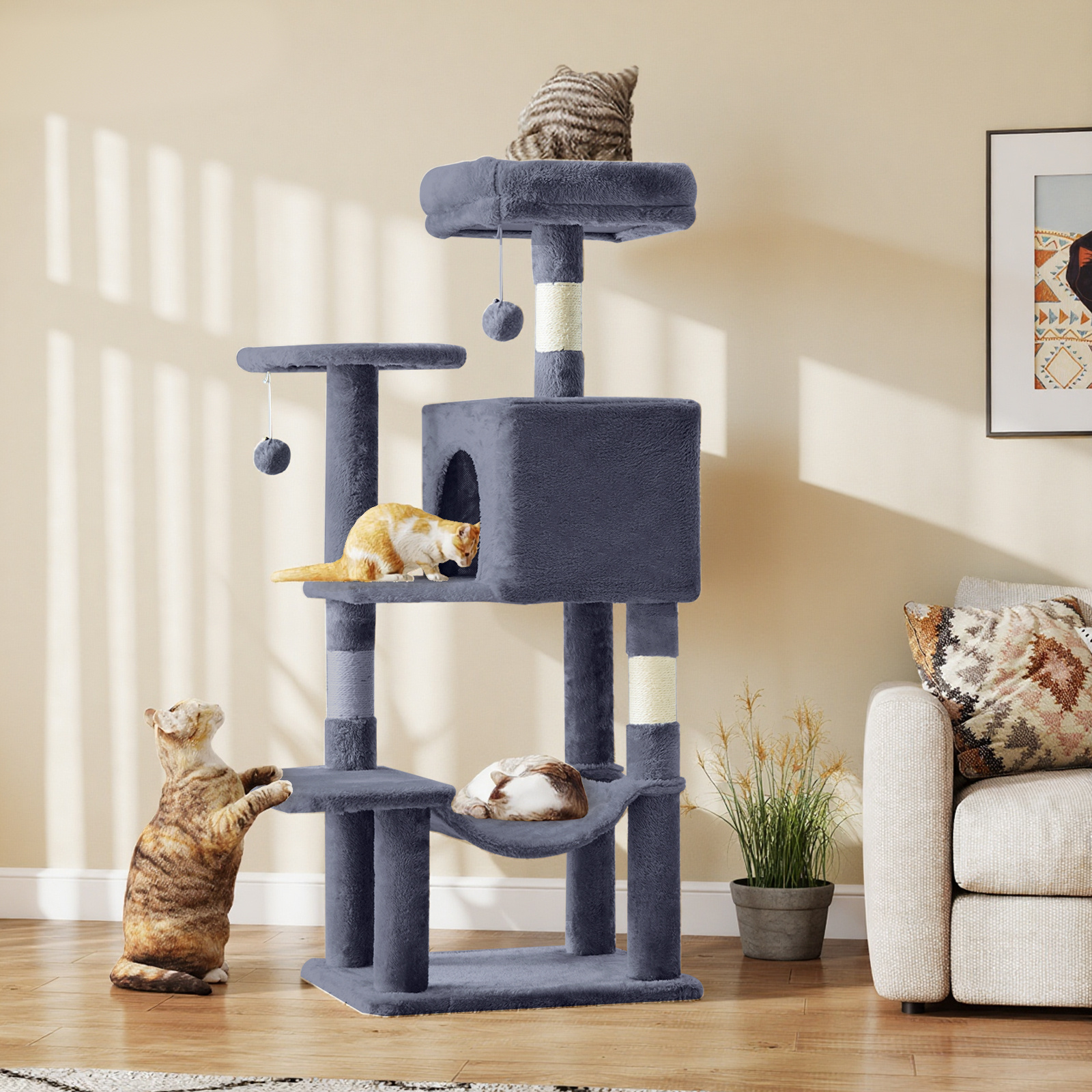 TEMU 44-inch Multi-cat Tree Tower With Condo & Hammock - Natural Sisal Scratching Posts, Perches, Pet House For Indoor Cats, Beige/gray/light Gray/pink/