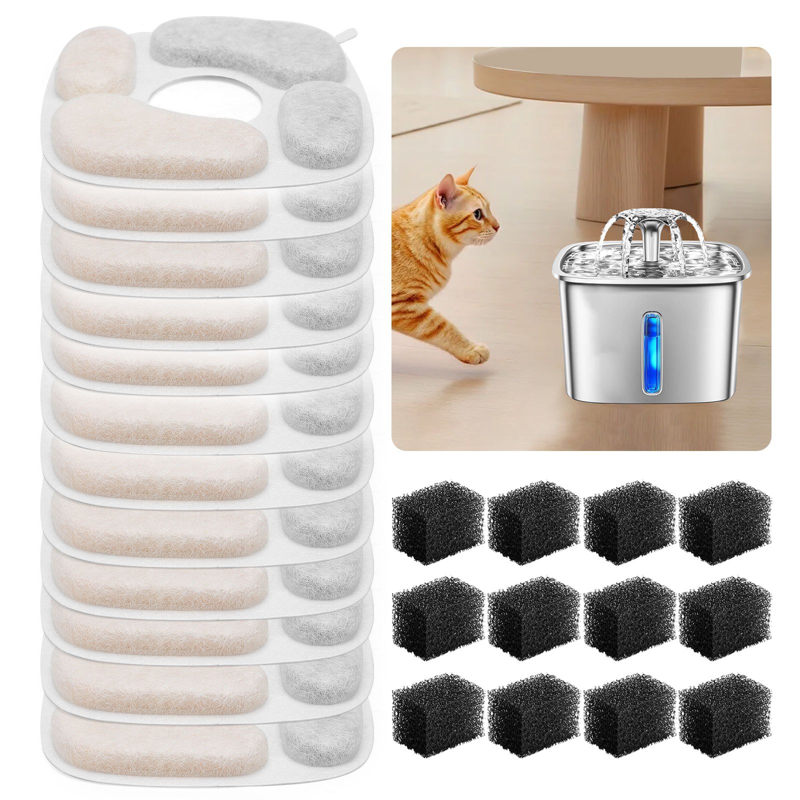 TEMU 12pcs Pet Fountain Replacement Filters With Pre-filter Sponges, Replacement Cartridges For Cat Water Dispenser, Triple Filtration, Activated