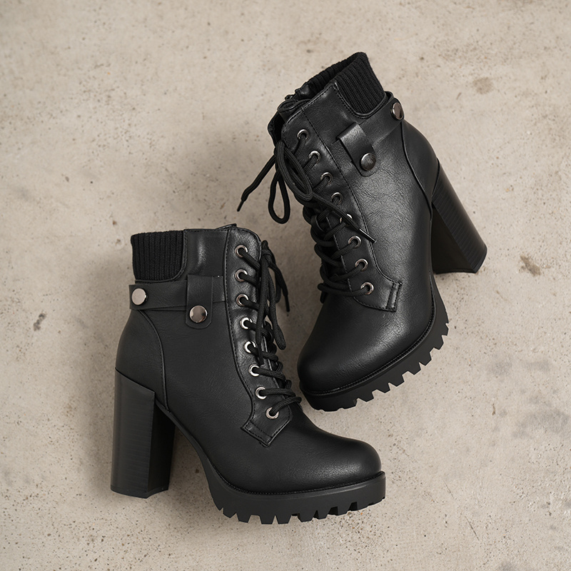 TEMU Women Short Boots Fall Winter Boots Women's Lace Up Combat Ankle Boots High Chunky Heel Fashion Heeled Booties Shoes Black Boots