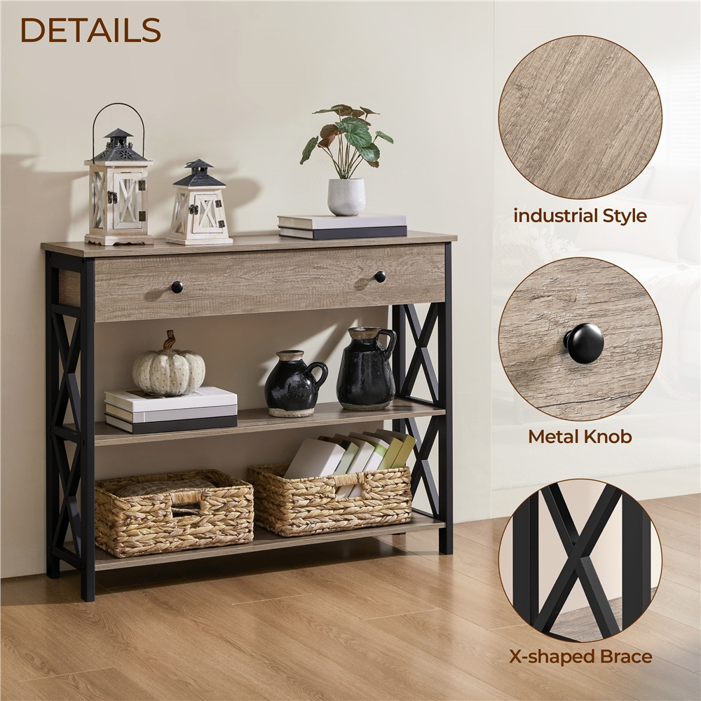 Costoffs Console Table with Drawer and Storage Shelves, 3-Tier Sofa Table, Entryway Table with Metal Frame for Living Room Hallway
