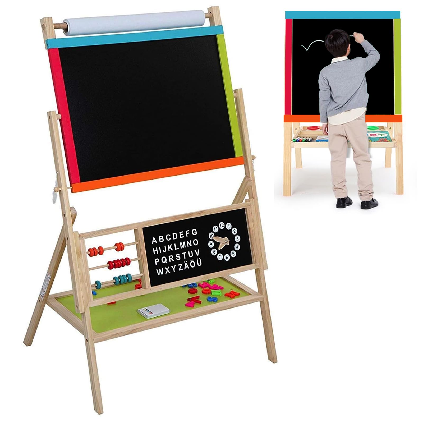Kids Wooden Easel - Board With Magnetic, Chalk, Foldable, Clock, Alphabet, Roll Of Drawing Paper And Markers. 2-in-1 Double-sided Blackboard And Whiteboard For Kids