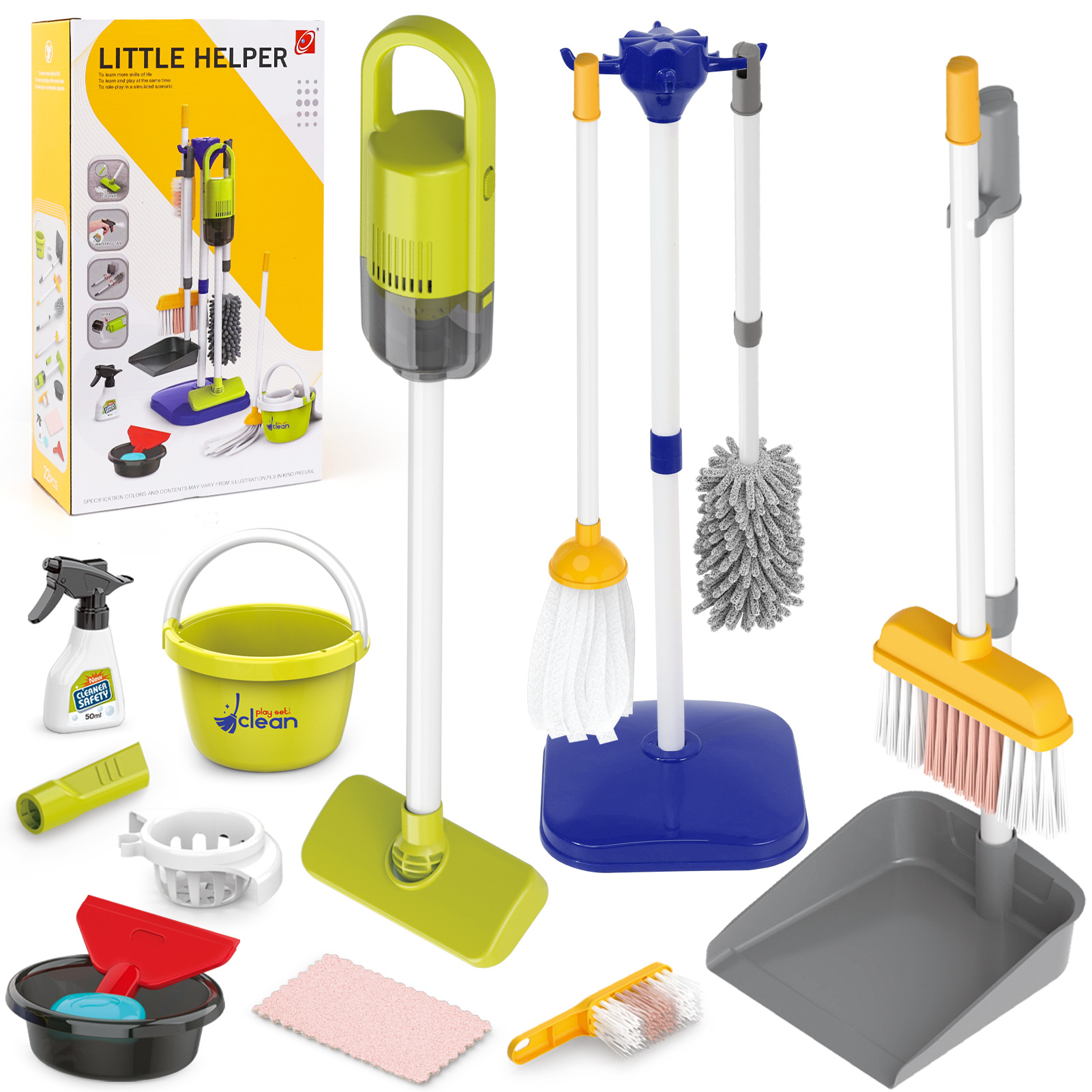 TEMU Cleaning Set, 14 Pcs Kids Cleaning Toy Set With Electric Toy 2 In 1 Vacuum That Really Works, Pretend Play Home Cleaning Playset, Broom And