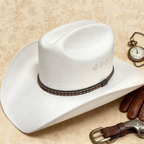 white woven western cowboy hat for men women breathable straw hat with braided leather band wide brim western hats for men and women travel all the beach sun hats m l xl sizes