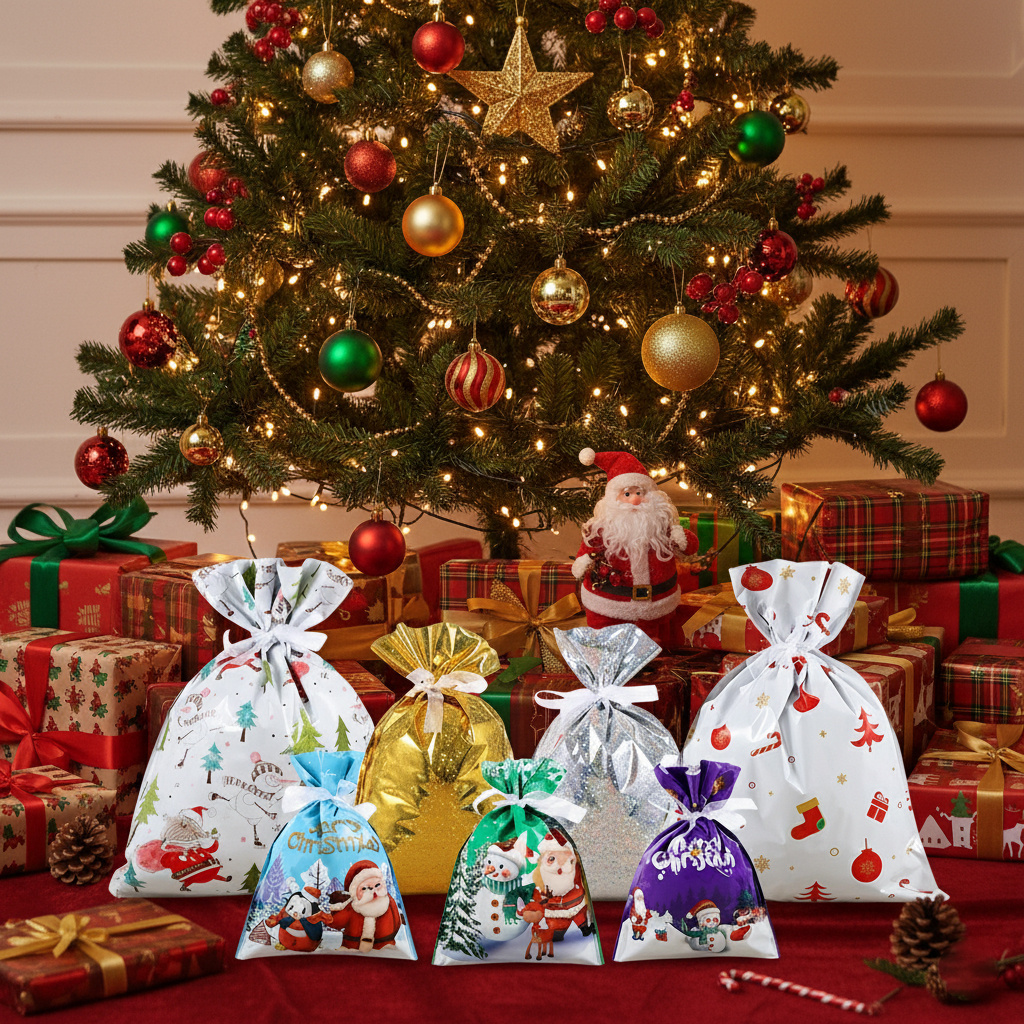 TEMU 30pcs Christmas Drawstring Gift Bags, Multi-sized Christmas Gift Bags, Holiday Printed Reusable Party Gift Bags, Suitable For Festivals,